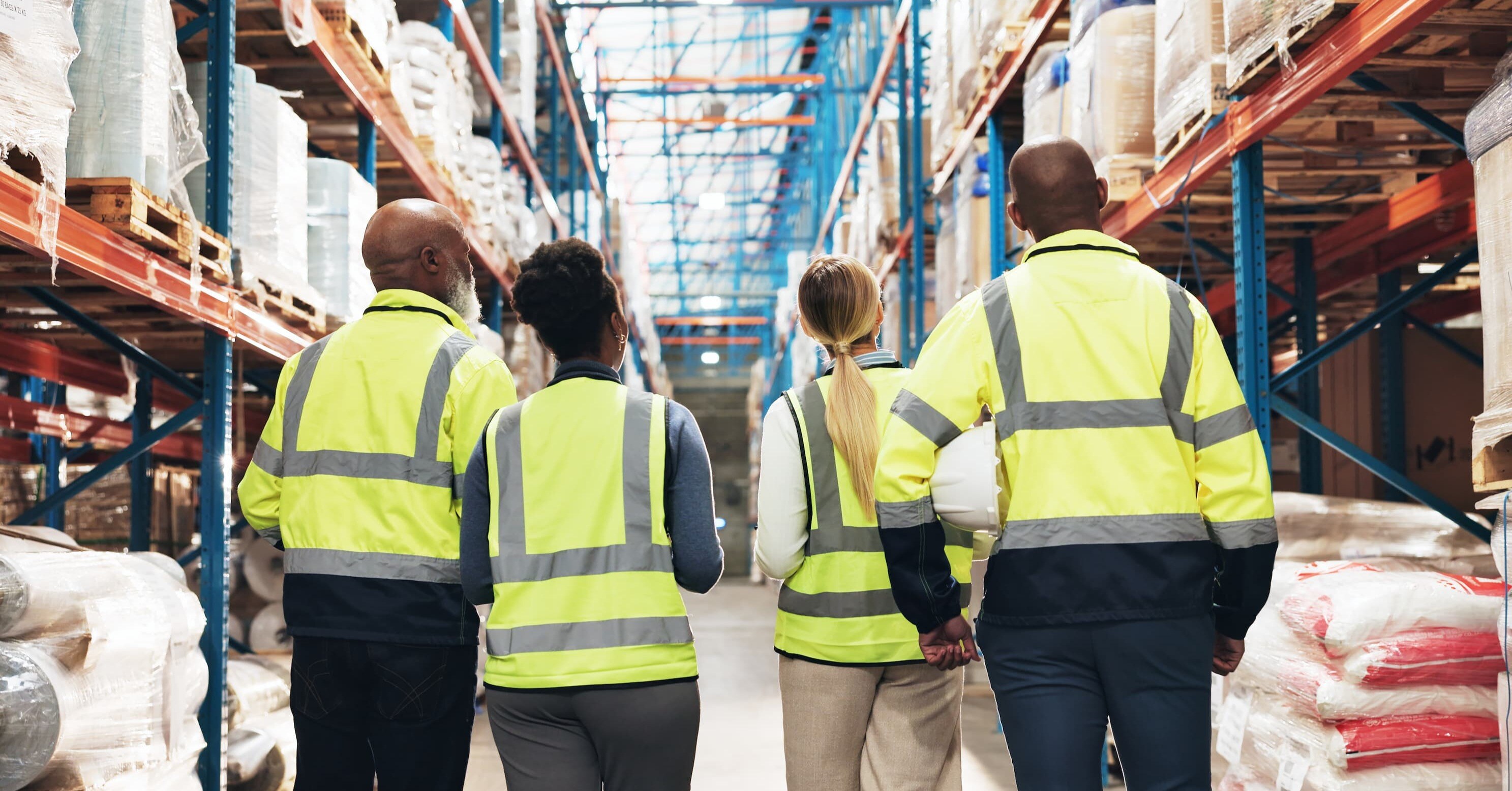 a group of temporary employees walking inside of a warehouse