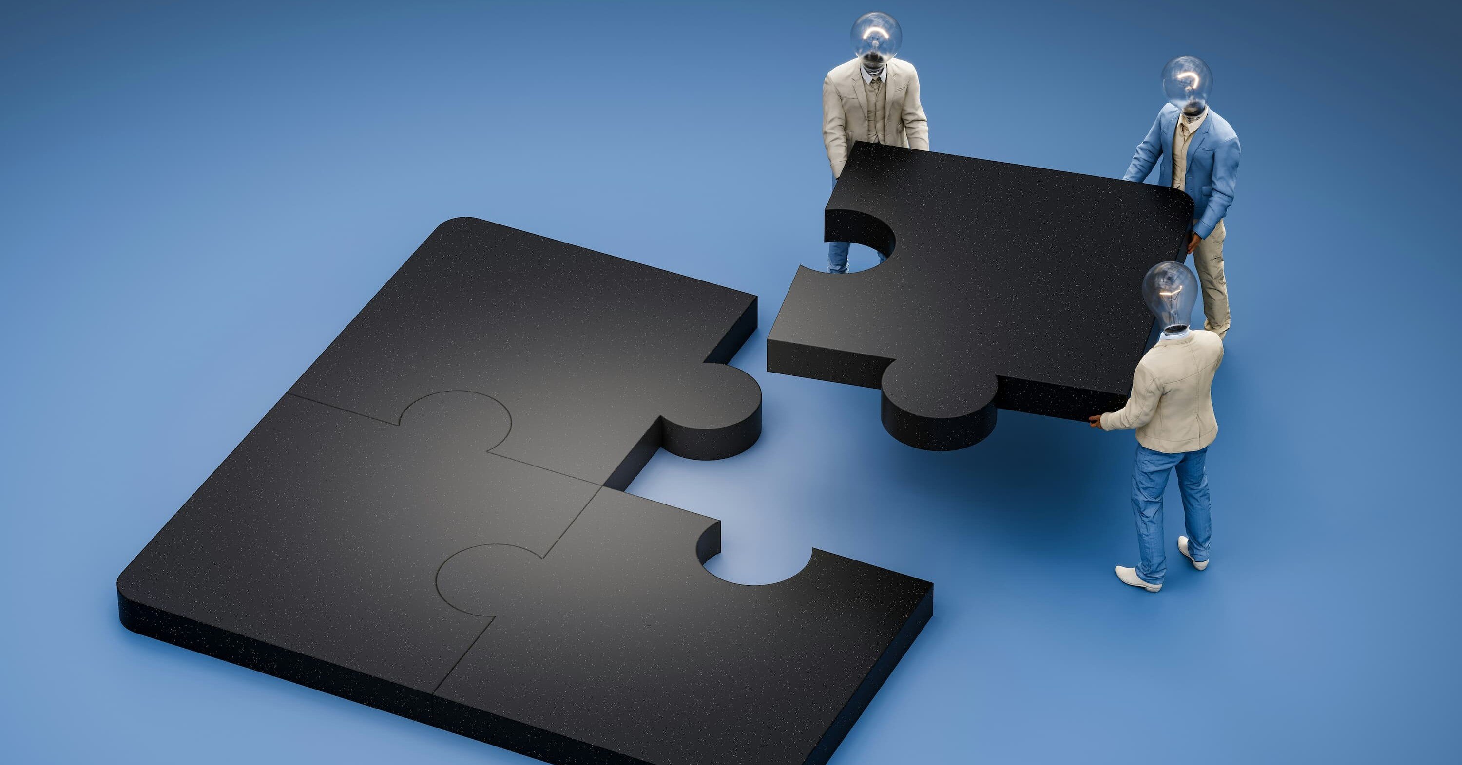 a group of businesspeople with light bulbs for heads moving a puzzle piece to complete a full puzzle.